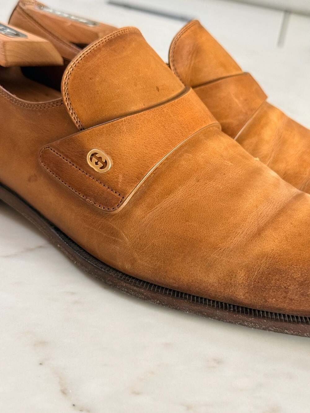 Gucci Men’s Loafers Size 8 Brown Tan Leather GG Logo Italy
